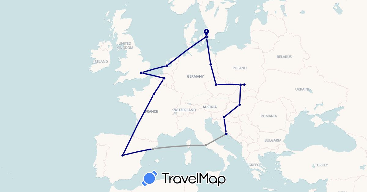 TravelMap itinerary: driving, plane in Belgium, Czech Republic, Germany, Denmark, Spain, France, United Kingdom, Croatia, Hungary, Italy, Netherlands, Poland (Europe)